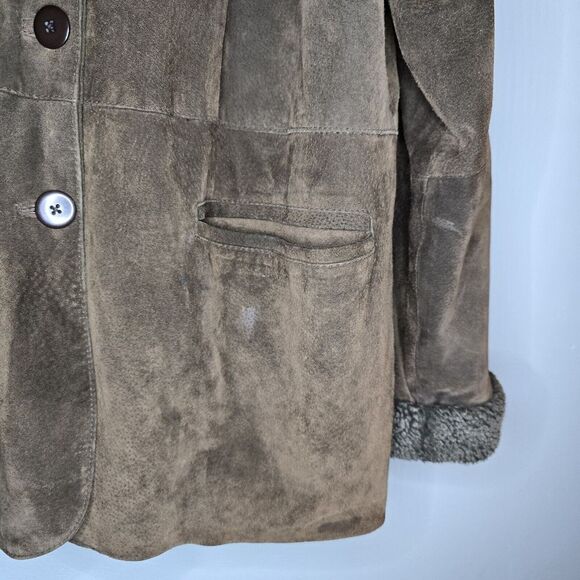 Fashion Elements Vintage Suede Leather Jacket Button Up Sherpa Trim Brown L - Picture 5 of 11